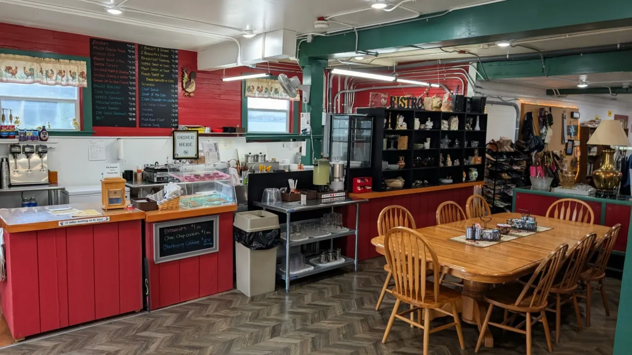 Inside the Rowdy Rooster Bistro — the order counter, menu boards, and dining area